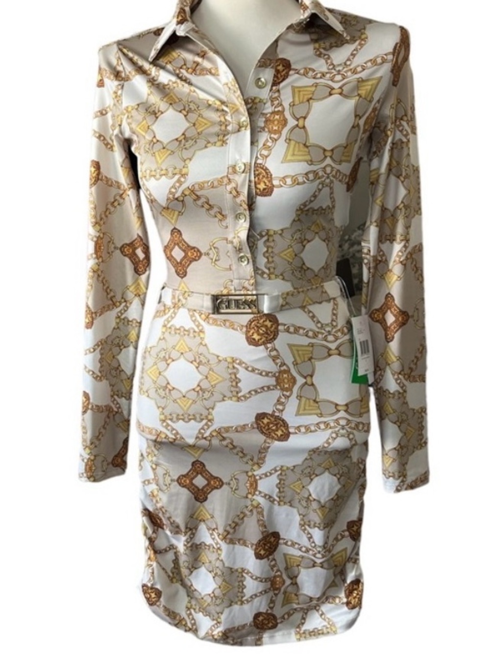 Guess Elegant Gold Tan Chain Link Print Women’s Dress NWT